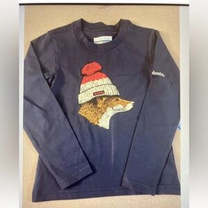 Columbia Fox Wearing Beanie T-shirt Size XXS (4-5) Long Sleeve Navy
